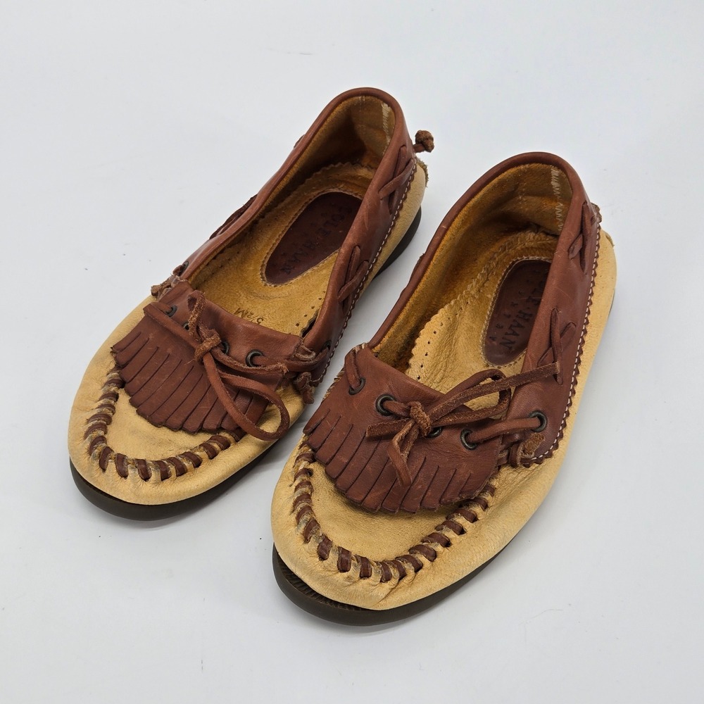 Cole Haan Country‎ Vintage 90s Leather Fringe Moccasins Womens 5.5 M Tan Brown